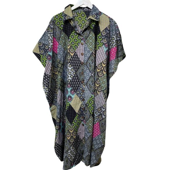 Patchwork Print Long Shirt O/S Green Kaftan Boho Artsy Cottagecore Prairie - Picture 1 of 9